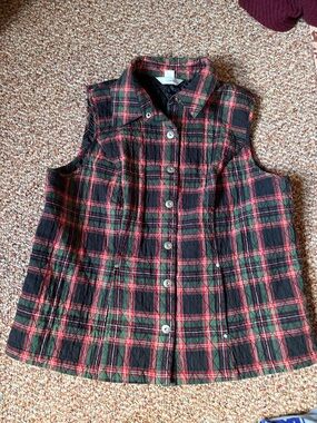 CJ Banks Green & Red Plaid Quilted Button-Front Vest